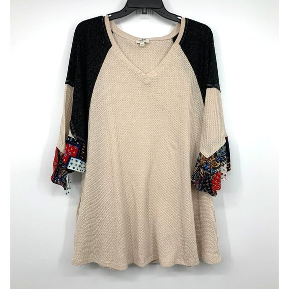 Umgee Top Waffle Knit Patchwork Flare Sleeve V Neck Tunic Pockets - Picture 1 of 11
